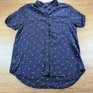 Eddie Bauer Women's XL Navy Short Sleeve Button Up Shirt Cotton Teepee Print